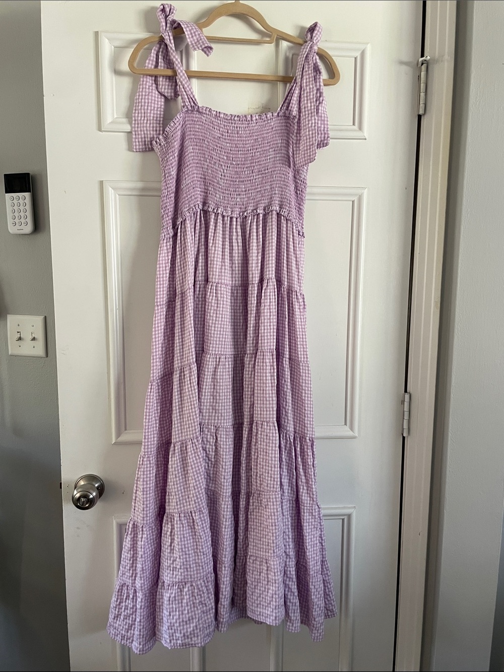 Purple Gingham Tiered Sleeveless Smock Maxi Dress